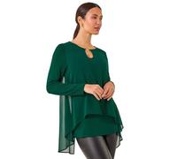 Roman Originals Ring Front Chiffon Overlay Tunic Top for Women UK - Ladies Everyday Autumn Winter Round Neckline Comfy Soft Evening Vacation Work Party Night Out - Forest - Size 16