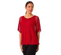 Roman Originals Rose Print Burnout Mesh Top for Women UK - Ladies Everyday Autumn Winter Round Neckline Comfy Soft Evening Vacation Work Party Night Out - Red - Size 10