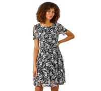 Roman Originals Rose Print Lace Stretch Dress for Women UK - Ladies Everyday Autumn Winter Scooped Neckline Comfy Soft Evening Vacation Work Party Night Out - Black - Size 18
