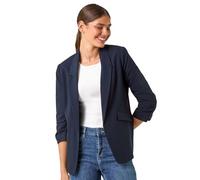 Roman Originals Ruched Sleeve Stretch Blazer for Women UK - Ladies Everyday Holiday Spring Summer Edge to Edge Opening Comfy Soft Evening Vacation Work Party - Navy - Size 16