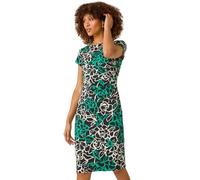 Roman Originals Ruched Waist Dress for Women UK Ladies Side Pleat Winter Autumn Textured Fitted Shift Pencil Smart Lined Stretchy Jersey Work Knee Length Round Neck - Green Floral - Size 14