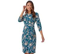 Roman Originals Ruched Waist Dress for Women UK - Ladies Twist Knot Waisted Wrap Stretch Jersey Knee Length Business Smart Work Office Formal Evening Drape - Petite Teal Black - Size 20