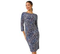 Roman Originals Ruched Waist Dress for Women UK - Ladies Twist Knot Waisted Wrap Stretch Jersey Knee Length Business Smart Work Office Formal Evening Drape - Blue Multi - Size 20
