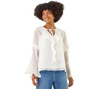 Roman Originals Ruffle Front V-Neck Satin Blouse for Women UK - Ladies Everyday Autumn Winter V-Neckline Comfy Soft Evening Vacation Work Party Night Out - Plain Ivory - Size 20