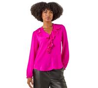 Roman Originals Ruffle Front V-Neck Satin Blouse for Women UK - Ladies Everyday Autumn Winter V-Neckline Comfy Soft Evening Vacation Work Party Night Out - Cerise Satin - Size 14