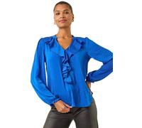 Roman Originals Ruffle Front V-Neck Satin Blouse for Women UK - Ladies Everyday Autumn Winter V-Neckline Comfy Soft Evening Vacation Work Party Night Out - Plain Royal Blue - Size 12