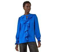 Roman Originals Ruffle Front V-Neck Satin Blouse for Women UK - Ladies Everyday Autumn Winter V-Neckline Comfy Soft Evening Vacation Work Party Night Out - Royal Blue Satin - Size 20