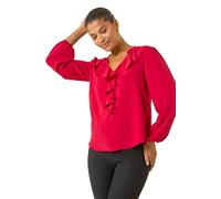 Roman Originals Ruffle Front V-Neck Satin Blouse for Women UK - Ladies Everyday Autumn Winter V-Neckline Comfy Soft Evening Vacation Work Party Night Out - Plain Red - Size 20