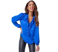 Roman Originals Ruffle Front V-Neck Satin Blouse for Women UK - Ladies Everyday Autumn Winter V-Neckline Comfy Soft Evening Vacation Work Party Night Out - Plain Royal Blue - Size 16
