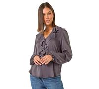 Roman Originals Ruffle Front V-Neck Satin Blouse for Women UK - Ladies Everyday Autumn Winter V-Neckline Comfy Soft Evening Vacation Work Party Night Out - Grey - Size 18