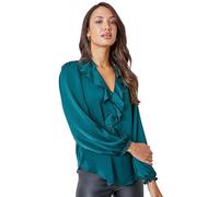 Roman Originals Ruffle Front V-Neck Satin Blouse for Women UK - Ladies Everyday Autumn Winter V-Neckline Comfy Soft Evening Vacation Work Party Night Out - Green Satin - Size 12