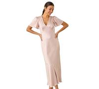 Roman Originals Satin Spot Print Midi Dress for Women UK - Ladies Everyday Holiday Spring Summer V-Neckline Comfy Soft Evening Vacation Work Party - Natural - Size 18
