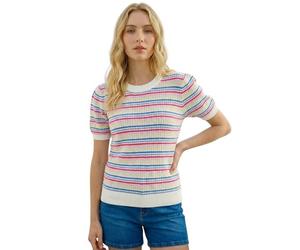 Roman Originals Scallop Edge Stripe Knit Top for Women UK - Ladies Everyday Holiday Spring Summer Round Neckline Comfy Soft Evening Vacation Work Party