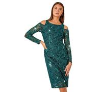 Roman Originals Sequin Cold Shoulder Lace Midi Stretch Dress for Women UK - Ladies Everyday Autumn Winter Round Neckline Comfy Soft Evening Vacation Work Party Night Out - Green - Size 20