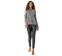 Roman Originals Sequin Cold Shoulder Stretch Top for Women UK - Ladies Everyday Autumn Winter High Neckline Comfy Soft Evening Vacation Work Party Night Out - Silver - Size 18