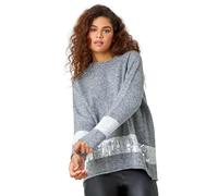 Roman Originals Sequin Colour Block Funnel Neck Jumper for Women UK - Ladies Everyday Autumn Winter Round Neckline Comfy Soft Evening Vacation Work Party Night Out - Grey - Size L