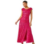 Roman Originals Sequin Cowl Neck Maxi Stretch Dress for Women UK - Ladies Everyday Autumn Winter Cowl Neckline Comfy Soft Evening Vacation Work Party Night Out - Fuchsia - Size 16