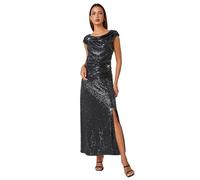 Roman Originals Sequin Cowl Neck Maxi Stretch Dress for Women UK - Ladies Everyday Autumn Winter Cowl Neckline Comfy Soft Evening Vacation Work Party Night Out - Black - Size 16