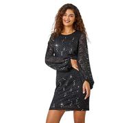 Roman Originals Sequin Detail Lace Shift Stretch Dress for Women UK - Ladies Everyday Autumn Winter Round Neckline Comfy Soft Evening Vacation Work Party Night Out - Black - Size 18