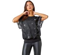 Roman Originals Sequin Lace Overlay Stretch Top for Women UK - Ladies Everyday Autumn Winter Round Neckline Comfy Soft Evening Vacation Work Party Night Out - Black - Size 18