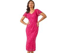 Roman Originals Sequin Lace Ruffle Midi Dress for Women UK - Ladies Everyday Holiday Spring Summer V-Neckline Comfy Soft Evening Vacation Work Party - Fuchsia - Size 20