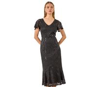 Roman Originals Sequin Lace Ruffle Midi Dress for Women UK - Ladies Everyday Holiday Spring Summer V-Neckline Comfy Soft Evening Vacation Work Party - Black - Size 18
