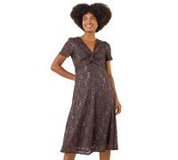 Roman Originals Sequin Lace Twist Front Midi Dress for Women UK - Ladies Everyday Autumn Winter V-Neckline Comfy Soft Evening Vacation Work Party Night Out - Chocolate - Size 16