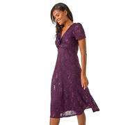 Roman Originals Sequin Lace Twist Front Midi Dress for Women UK - Ladies Everyday Autumn Winter V-Neckline Comfy Soft Evening Vacation Work Party Night Out - Purple - Size 20