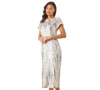 Roman Originals Sequin Shimmer Midi Dress for Women UK - Ladies Everyday Holiday Spring Summer Round Neckline Comfy Soft Evening Vacation Work Party - Silver - Size 12