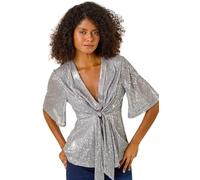Roman Originals Sequin Tie Front Stretch Top for Women UK - Ladies Everyday Autumn Winter V-Neckline Comfy Soft Evening Vacation Work Party Night Out - Silver - Size 16