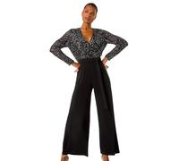 Roman Originals Sequin Wrap Bodice Jumpsuit for Women UK - Ladies Everyday Holiday Autumn Winter Pull-On Round Neck Short Sleeves Comfy Soft Evening Vacation Work - Noir - Size 14