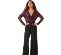 Roman Originals Sequin Wrap Bodice Jumpsuit for Women UK - Ladies Everyday Holiday Autumn Winter Pull-On Round Neck Short Sleeves Comfy Soft Evening Vacation Work - Magenta - Size 14