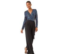 Roman Originals Sequin Wrap Bodice Jumpsuit for Women UK - Ladies Everyday Holiday Autumn Winter Pull-On Round Neck Short Sleeves Comfy Soft Evening Vacation Work - Royal Blue - Size 20