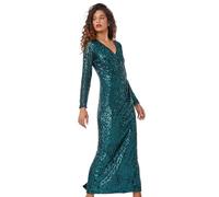 Roman Originals Sequin Wrap Stretch Maxi Dress for Women UK - Ladies Autumn Everyday Winter Holiday V-Neckline Comfy Long Sleeve Soft Frock Ruched Wasit Gowns - Emerald - Size 18