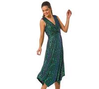 Roman Originals Sequin Wrap Twist Front Midi Dress for Women UK - Ladies Everyday Autumn Winter V-Neckline Comfy Soft Evening Vacation Work Party Night Out - Green - Size 16