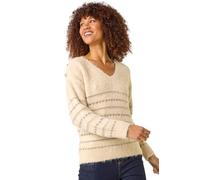 Roman Originals Shimmer Detail Knit Jumper for Women UK - Ladies Everyday Autumn Winter V-Neckline Comfy Soft Evening Vacation Work Party Night Out - Beige - Size 16