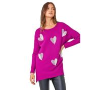 Roman Originals Shimmer Heart Knit Jumper for Women UK - Ladies Everyday Autumn Winter Round Neckline Comfy Soft Evening Vacation Work Party Night Out - Magenta - Size 14