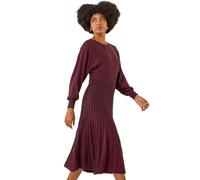Roman Originals Shimmer Pleated Knit Midi Dress for Women UK - Ladies Everyday Autumn Winter Round Neckline Comfy Soft Evening Vacation Work Party Night Out - Wine - Size 14