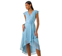 Roman Originals Shimmer Plisse Wrap Dress for Women UK - Ladies Everyday Holiday Spring Summer V-Neckline Comfy Soft Evening Vacation Work Party - Blue - Size 20