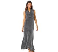Roman Originals Shimmer Twist Detail Stretch Maxi Dress for Women UK - Ladies Everyday Autumn Winter V-Neckline Comfy Soft Evening Vacation Work Party Night Out - Silver - Size 10