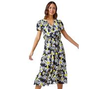 Roman Originals Shirred Empire Waist Dress for Women UK Ladies Midi Maxi Summer Spring Tiered Frill Hem Short Sleeve V Neck Button Through Boho Bohemian Holiday Cruise - Yellow Black - Size 10