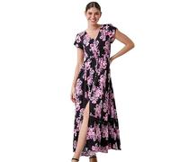 Roman Originals Shirred Empire Waist Dress for Women UK Ladies Midi Maxi Summer Spring Tiered Frill Hem Short Sleeve V Neck Button Through Boho Bohemian Holiday Cruise - Pink Black - Size 20