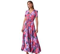 Roman Originals Shirred Empire Waist Dress for Women UK Ladies Midi Maxi Summer Spring Tiered Frill Hem Short Sleeve V Neck Button Through Boho Bohemian Holiday Cruise - Purple Multi - Size 20