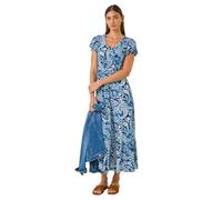Roman Originals Shirred Empire Waist Dress for Women UK Ladies Midi Maxi Summer Spring Tiered Frill Hem Short Sleeve V Neck Button Through Boho Bohemian Holiday Cruise - Navy Paisley - Size 18