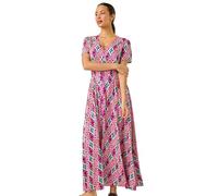 Roman Originals Shirred Empire Waist Dress for Women UK Ladies Midi Maxi Summer Spring Tiered Frill Hem Short Sleeve V Neck Button Through Boho Bohemian Holiday Cruise - Pink Ikat - Size 14