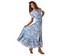 Roman Originals Shirred Empire Waist Dress for Women UK Ladies Midi Maxi Summer Spring Tiered Frill Hem Short Sleeve V Neck Button Through Boho Bohemian Holiday Cruise - Blue - Size 20