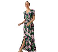 Roman Originals Shirred Empire Waist Dress for Women UK Ladies Midi Maxi Summer Spring Tiered Frill Hem Short Sleeve V Neck Button Through Boho Bohemian Holiday Cruise - Pink Green Noir - Size 12