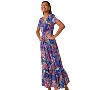 Roman Originals Shirred Empire Waist Dress for Women UK Ladies Midi Maxi Summer Spring Tiered Frill Hem Short Sleeve V Neck Button Through Boho Bohemian Holiday Cruise - Floral Royal Blue - Size 10