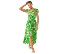 Roman Originals Shirred Empire Waist Dress for Women UK Ladies Midi Maxi Summer Spring Tiered Frill Hem Short Sleeve V Neck Button Through Boho Bohemian Holiday Cruise - Floral Green - Size 18