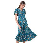 Roman Originals Shirred Empire Waist Dress for Women UK Ladies Midi Maxi Summer Spring Tiered Frill Hem Short Sleeve V Neck Button Through Boho Bohemian Holiday Cruise - Dark Green Multi - Size 12